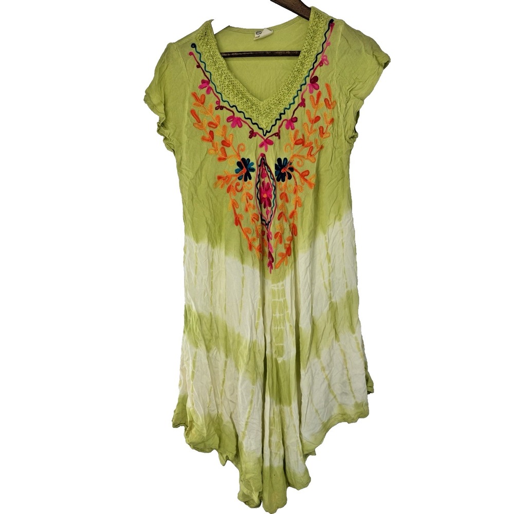 Exist Bohemian Tye Dye Embroidered Flutter Sleeve Sundress One Size Green XXL